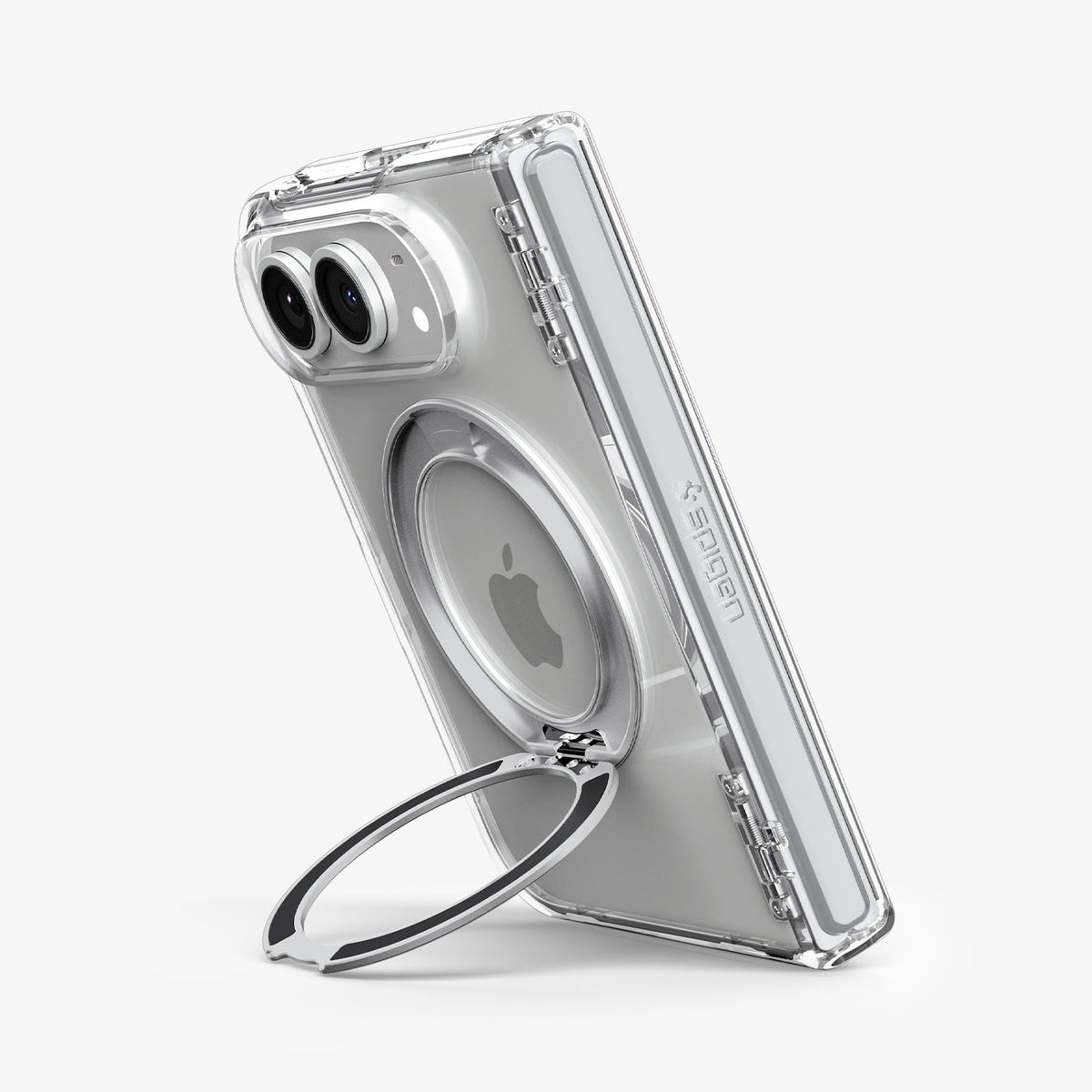 iPhone Duo Ultra Hybrid Pro S (Mag Fit) showing the built-in circular kickstand supporting the device in portrait mode