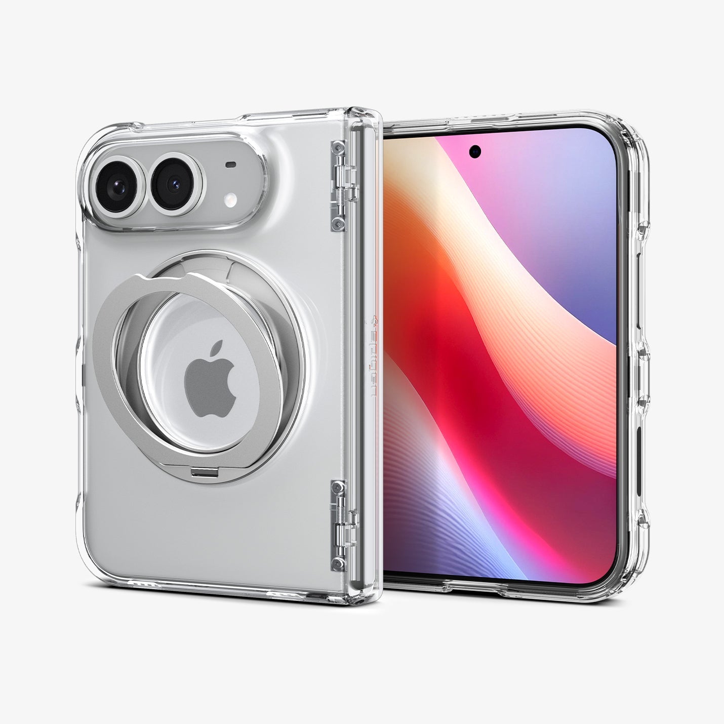 iPhone Duo Ultra Hybrid Pro S (Mag Fit) showing an angled view of the case with circular kickstand and textured hinge protection