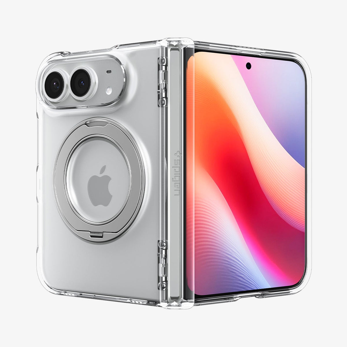 iPhone Duo Ultra Hybrid Pro S (Mag Fit) showing the clear case partially folded with hinge protection and built-in circular kickstand