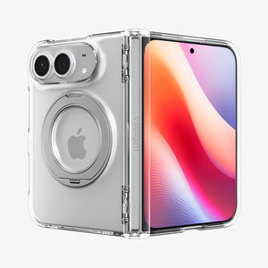 iPhone Duo Ultra Hybrid Pro S (Mag Fit) showing the clear case partially folded with hinge protection and built-in circular kickstand
