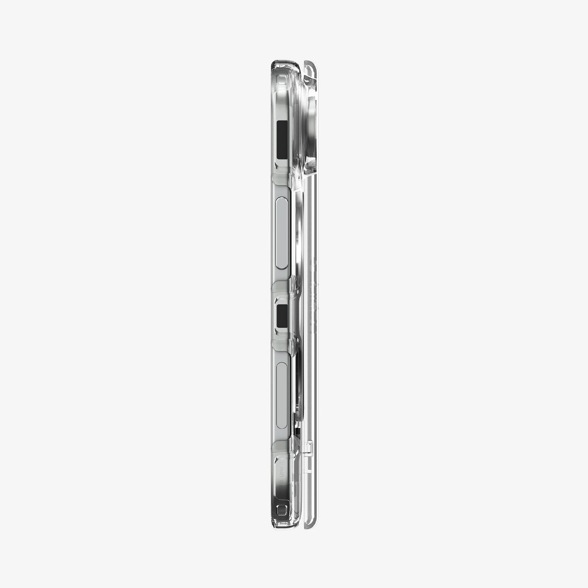 iPhone Duo Ultra Hybrid Pro S (Mag Fit) showing the slim side profile of the clear case with raised button covers