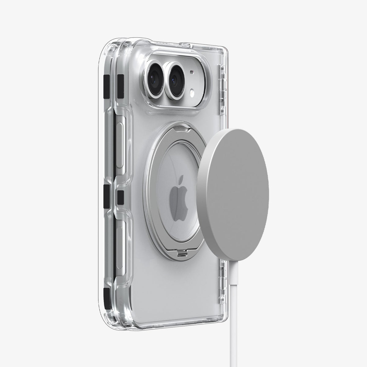 iPhone Duo Ultra Hybrid Pro S (Mag Fit) showing the clear case attached to a magnetic wireless charger