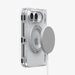 iPhone Duo Ultra Hybrid Pro S (Mag Fit) showing the clear case attached to a magnetic wireless charger