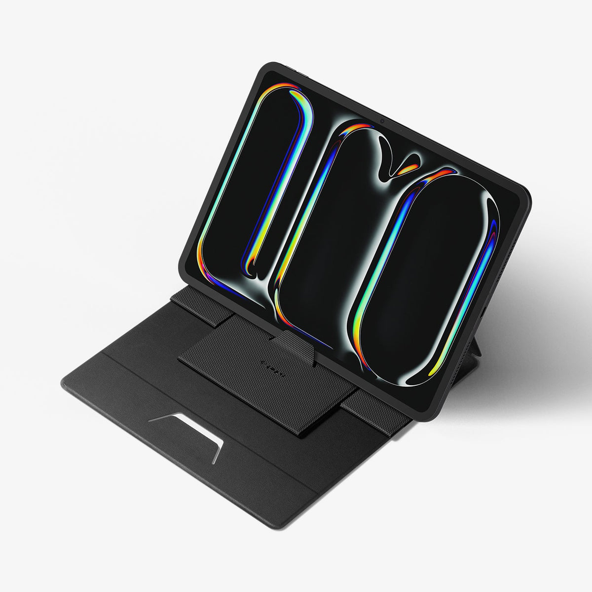 AMP11117 - Slim Fold Laptop Stand | Non-Adhesive | Black LD201-S8 showing top view of the laptop stand with iPad propped up compatible with the laptop stand