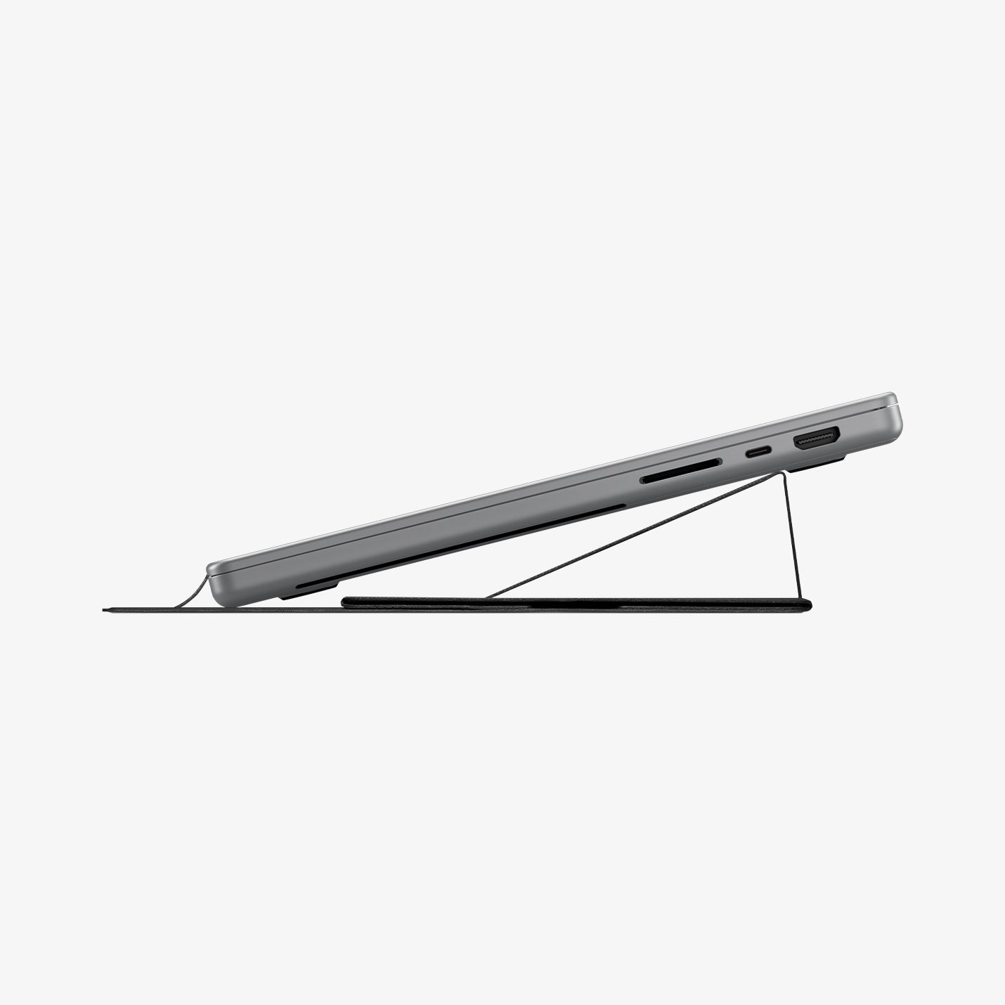 AMP11117 - Slim Fold Laptop Stand | Non-Adhesive | Black LD201-S8 showing side view of Macbook laptop closed propped up at low angle