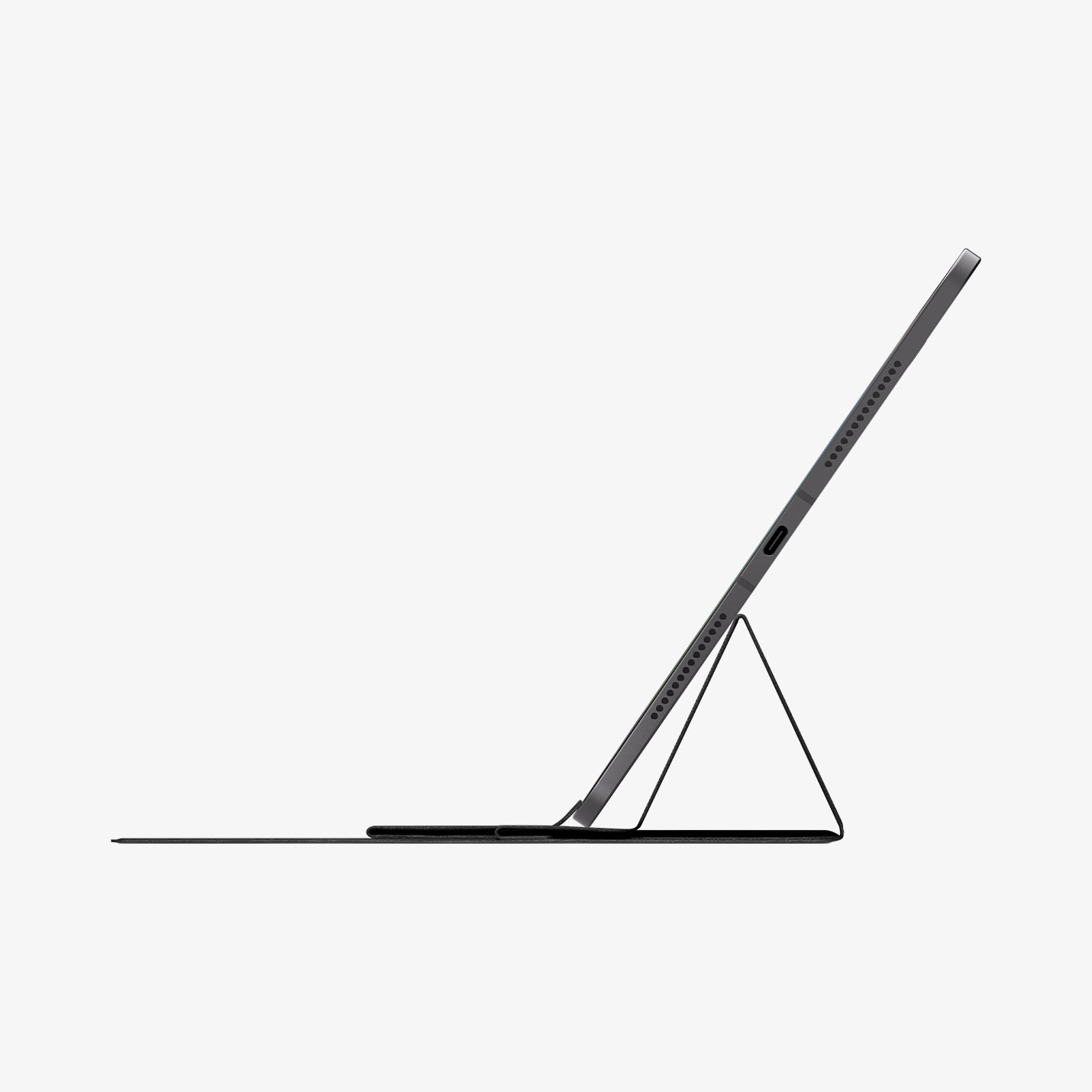 AMP11117 - Slim Fold Laptop Stand | Non-Adhesive | Black LD201-S8 showing side view of iPad propped up at a high angle