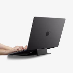 AMP11117 - Slim Fold Laptop Stand | Non-Adhesive | Black LD201-S8 showing hands typing with laptop propped up
