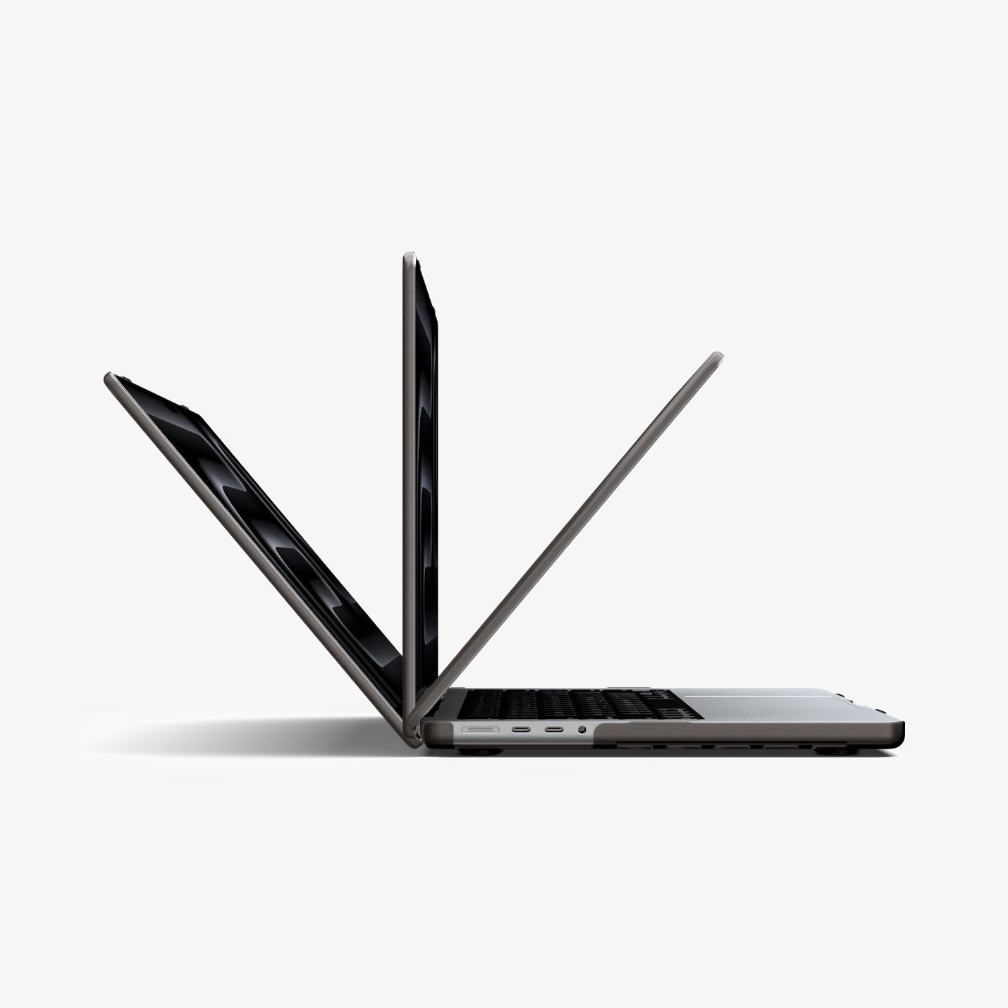 Spigen MacBook Pro 14-inch Air Skin in Frost Black showing three MacBook units opened at different angles to demonstrate the case allows full range of motion beyond 90 degrees