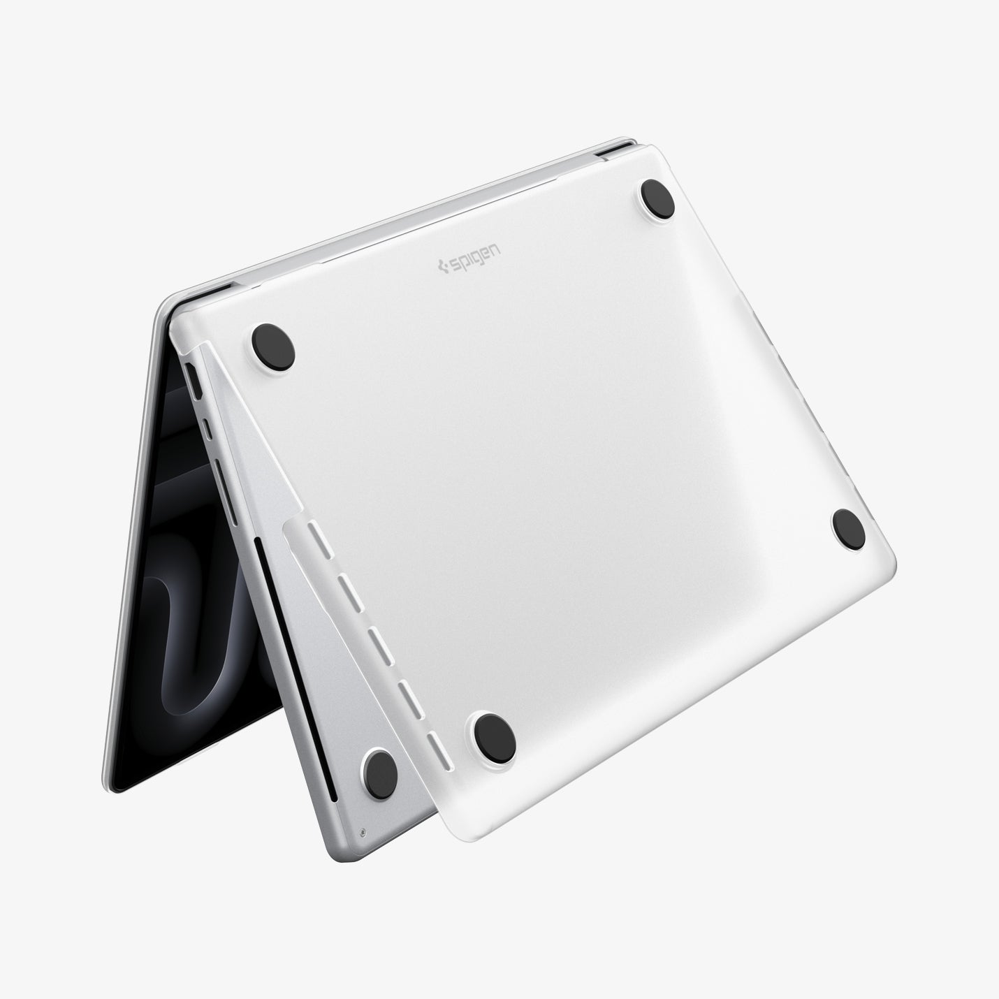 Spigen MacBook Pro 14-inch Air Skin in Frost Clear showing the bottom exterior with four rubber feet and the Spigen logo visible on a white background