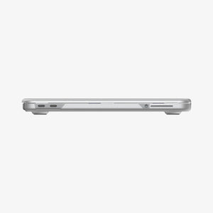 Spigen Air Skin Frost Clear case side profile on MacBook Neo 13-inch