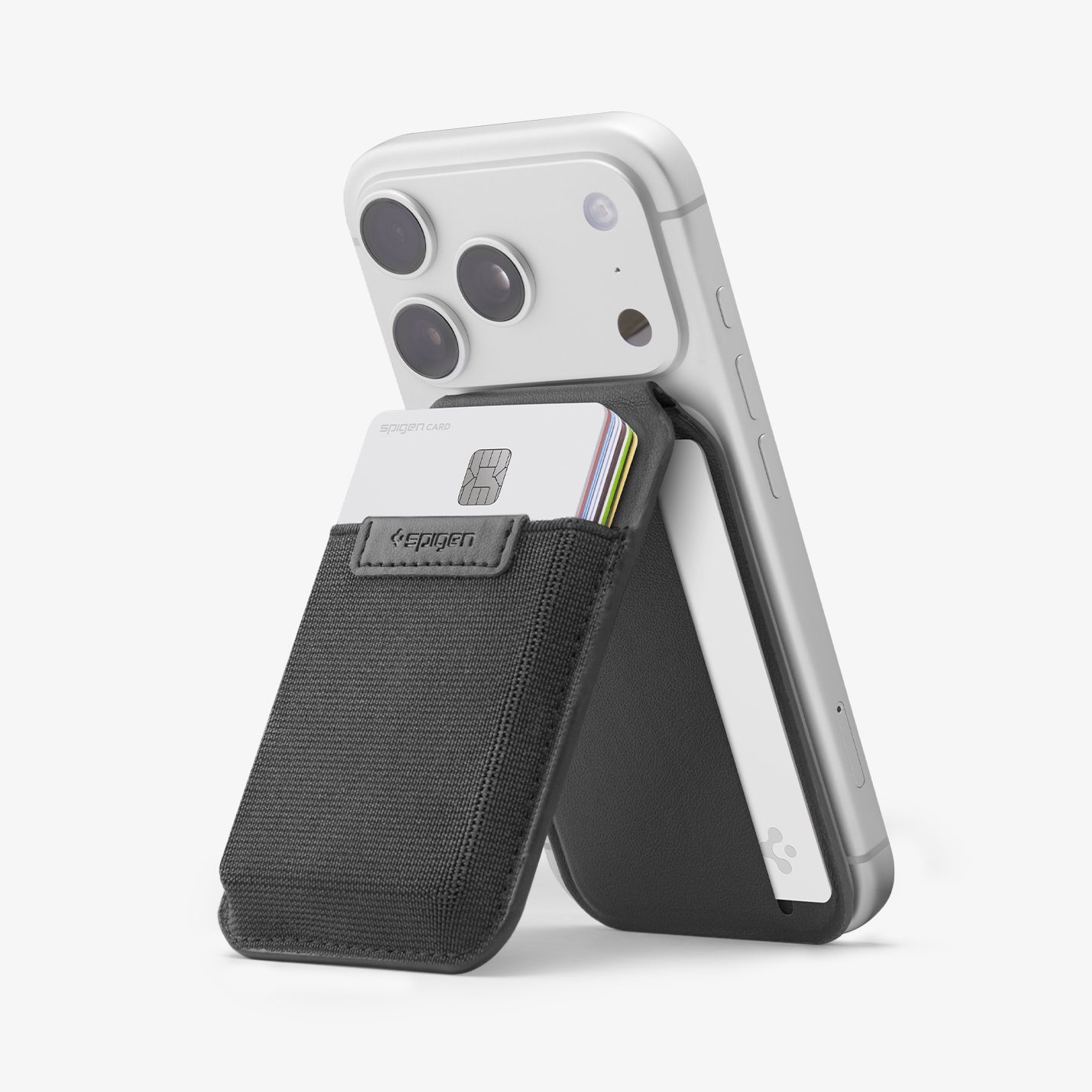 Spigen Slim Fold MagFit 12-card wallet stand in Black attached to an iPhone