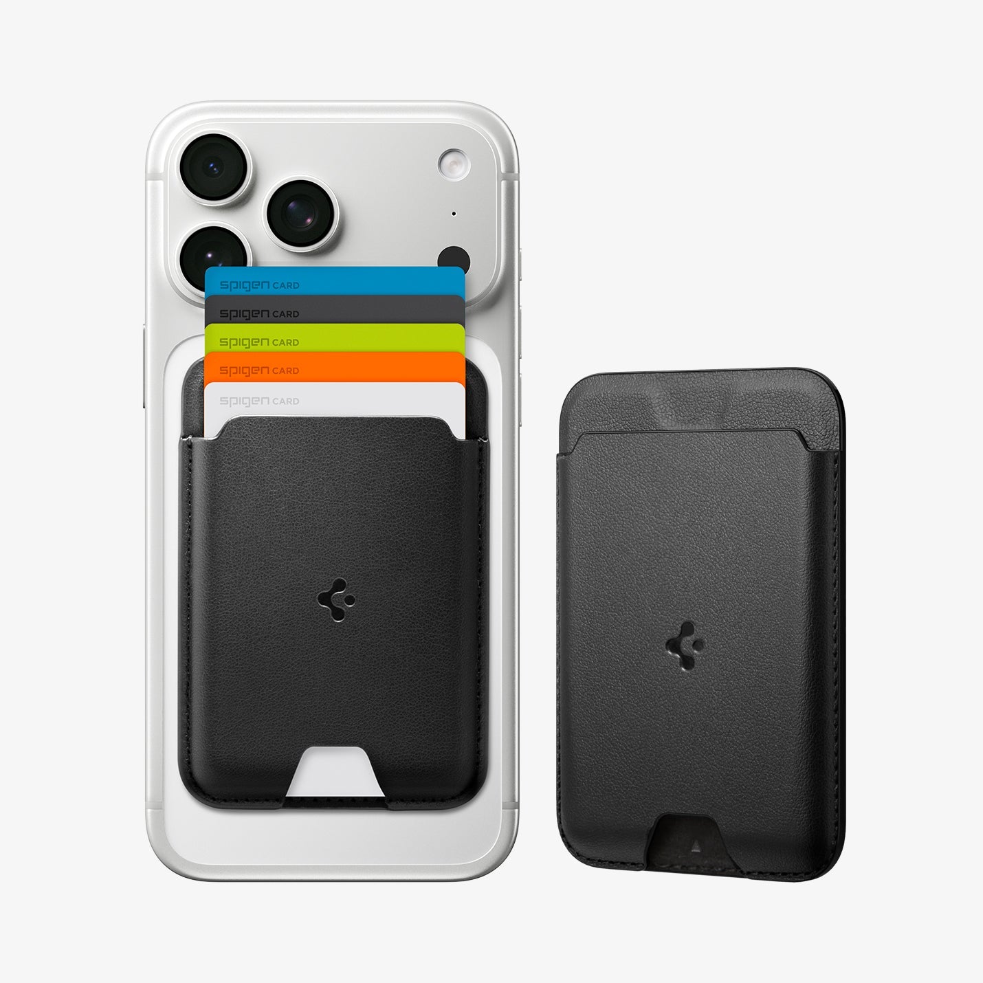 Spigen Valentinus MagFit five-card MagSafe wallet in Black attached to an iPhone