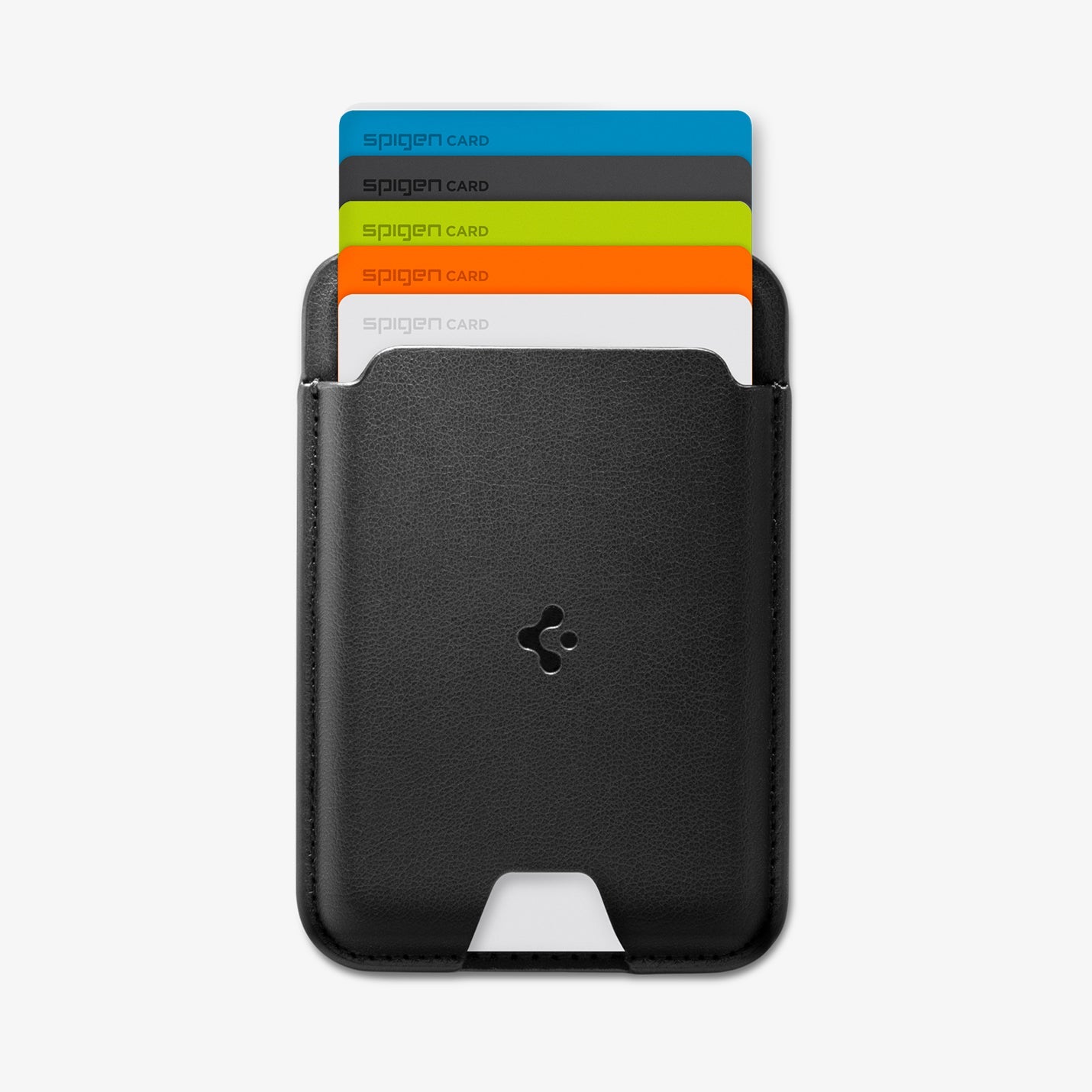 Spigen Valentinus MagFit Black wallet holding five cards on an iPhone