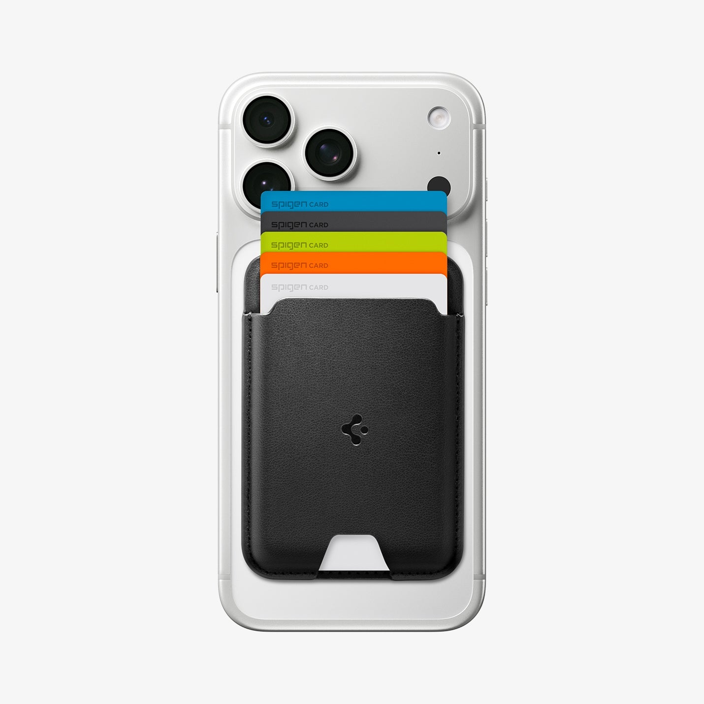 Spigen Valentinus MagFit Black wallet shown attached and detached from an iPhone