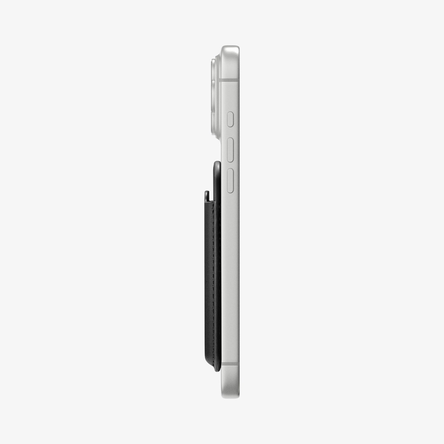 Side profile of the Spigen Valentinus MagFit wallet attached to an iPhone