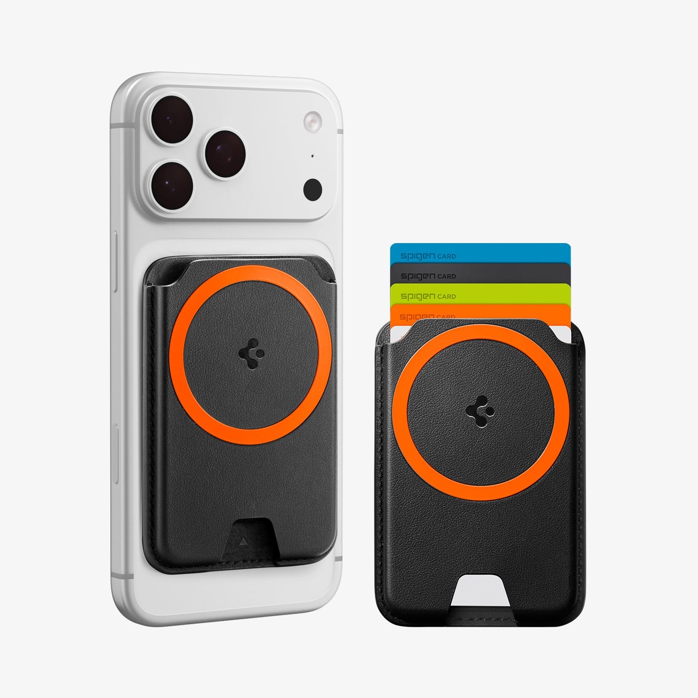 Spigen Valentinus MagFit+ five-card MagSafe wallet in Black attached to an iPhone