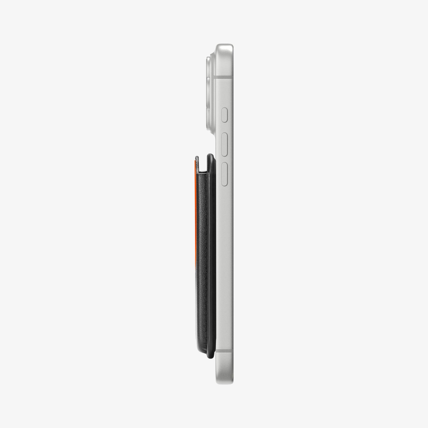 Side profile of the Spigen Valentinus MagFit+ wallet attached to an iPhone