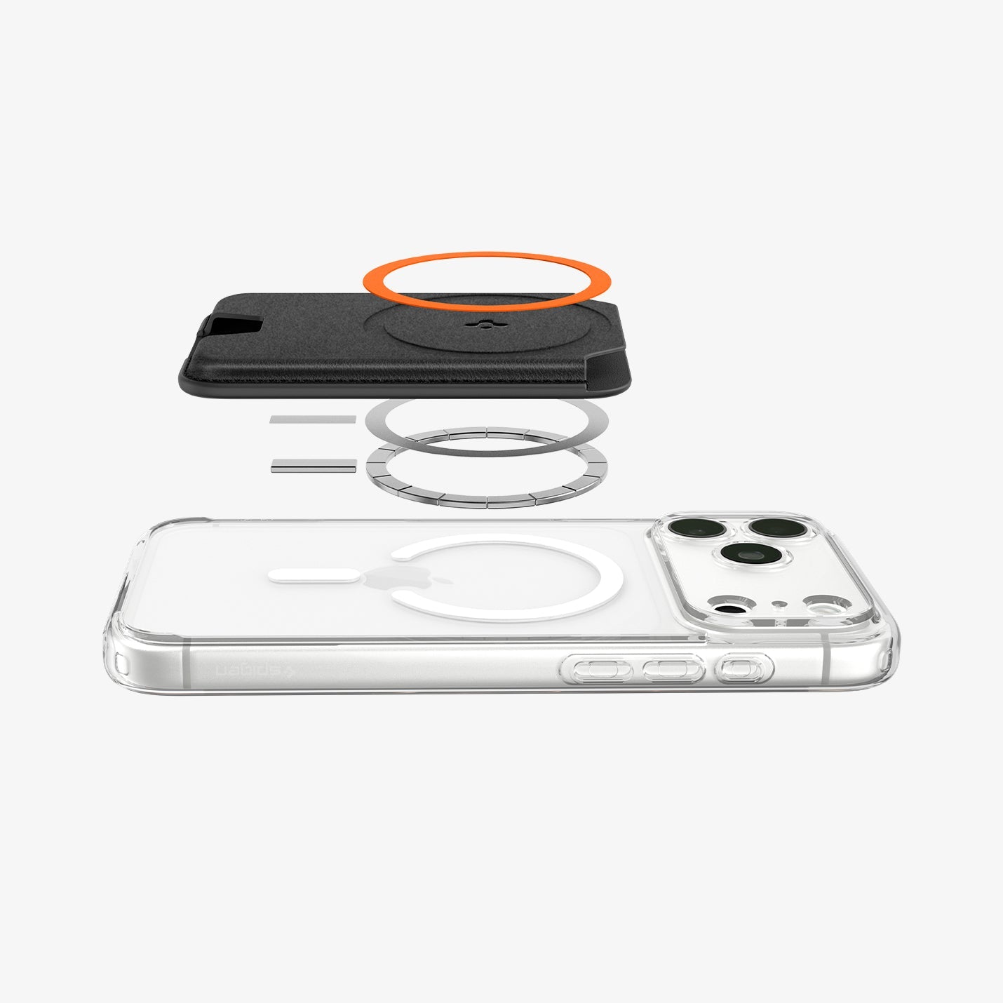 Exploded view of the Spigen Valentinus MagFit+ double-sided magnetic wallet structure