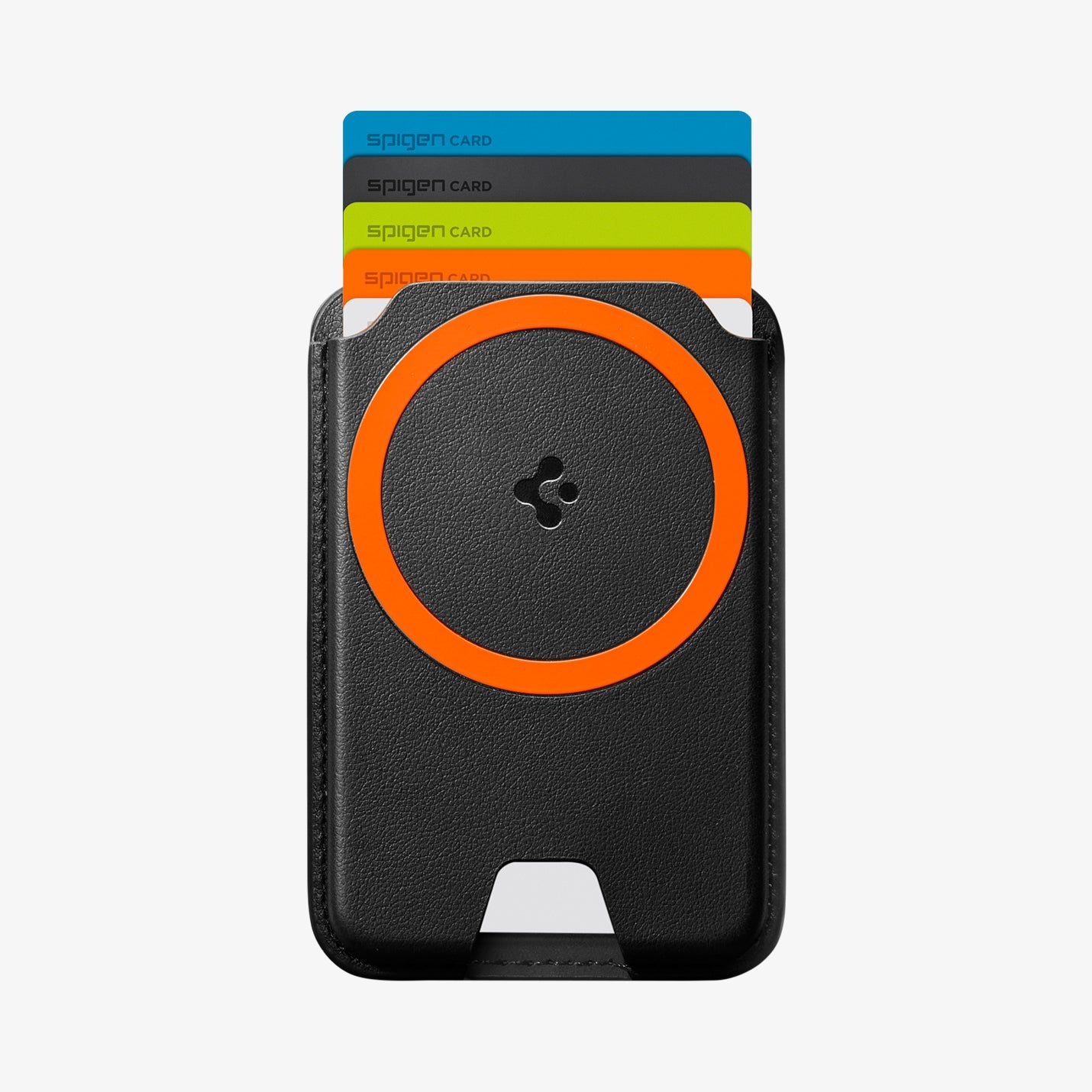 Spigen Valentinus MagFit+ Black wallet holding five cards with outer magnetic ring