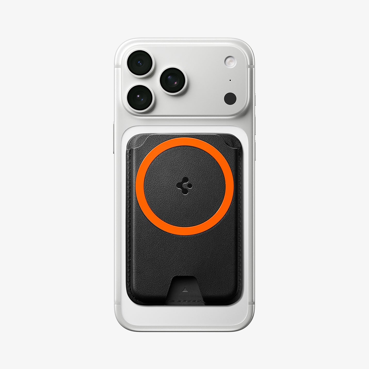 Spigen Valentinus MagFit+ five-card wallet mounted on a clear iPhone case