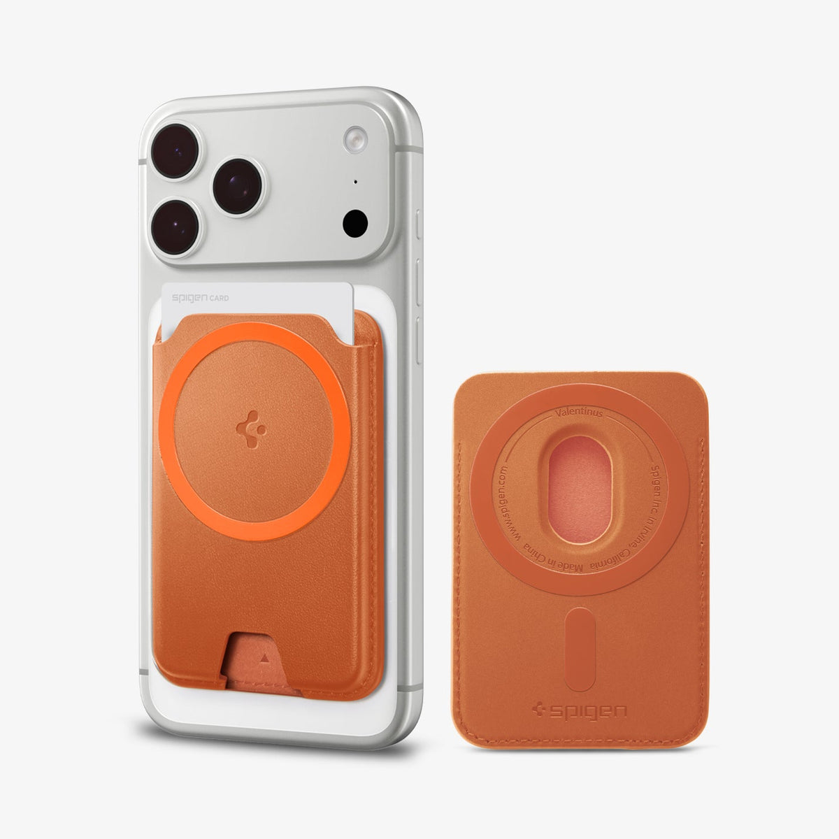Spigen Valentinus MagFit+ three-card MagSafe wallet in Metallic Orange attached to an iPhone