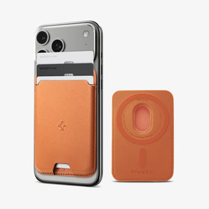 Spigen Valentinus MagFit three-card MagSafe wallet in Metallic Orange attached to an iPhone