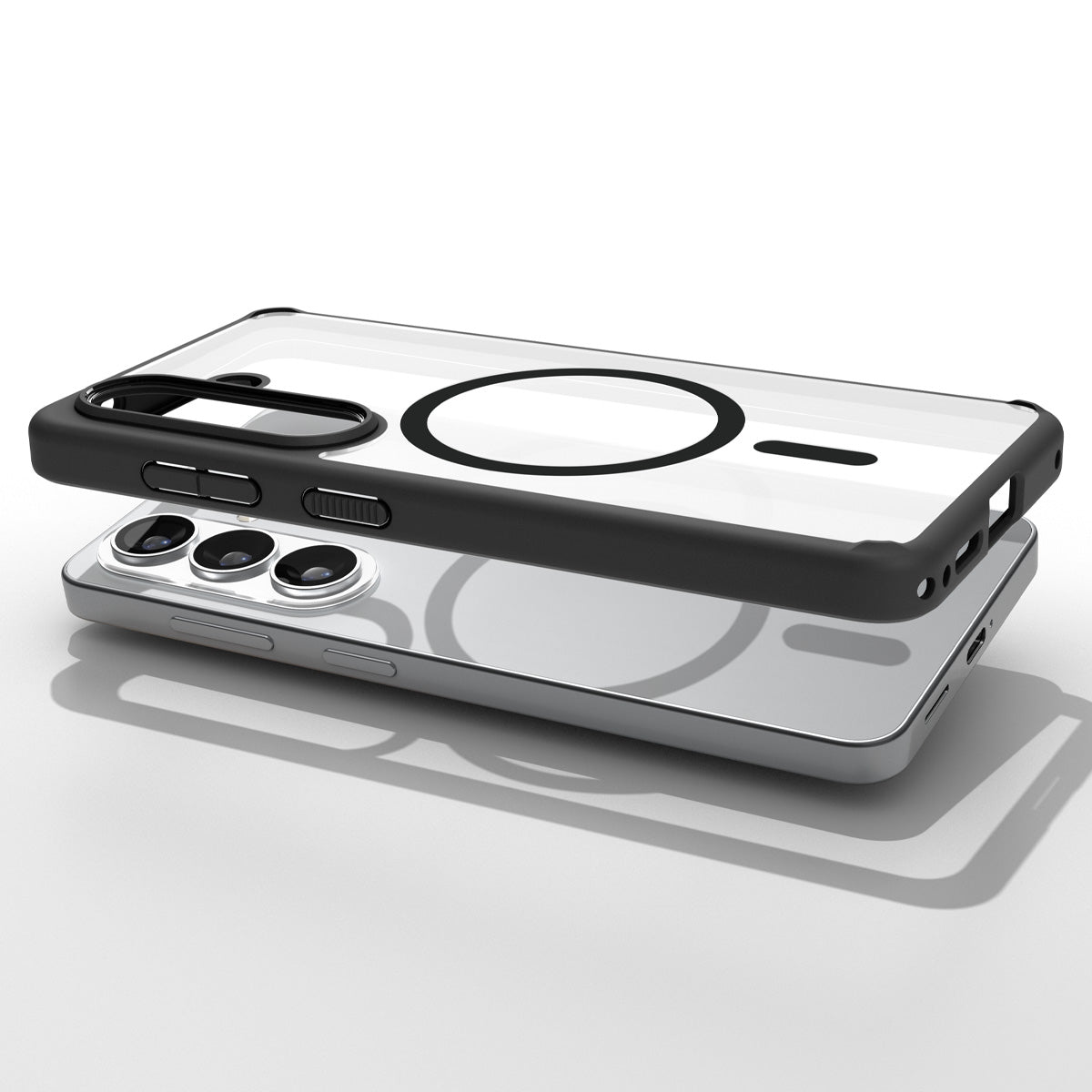 Spigen Galaxy S26 Case Ultra Hybrid (Mag Fit) Matte Black showing top view of phone and case showcase on top side by side