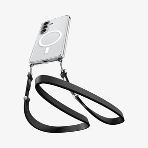 Spigen Galaxy S26 Case Ultra Hybrid (Mag Fit) Crystal Clear showing device and case with double strap on bottom
