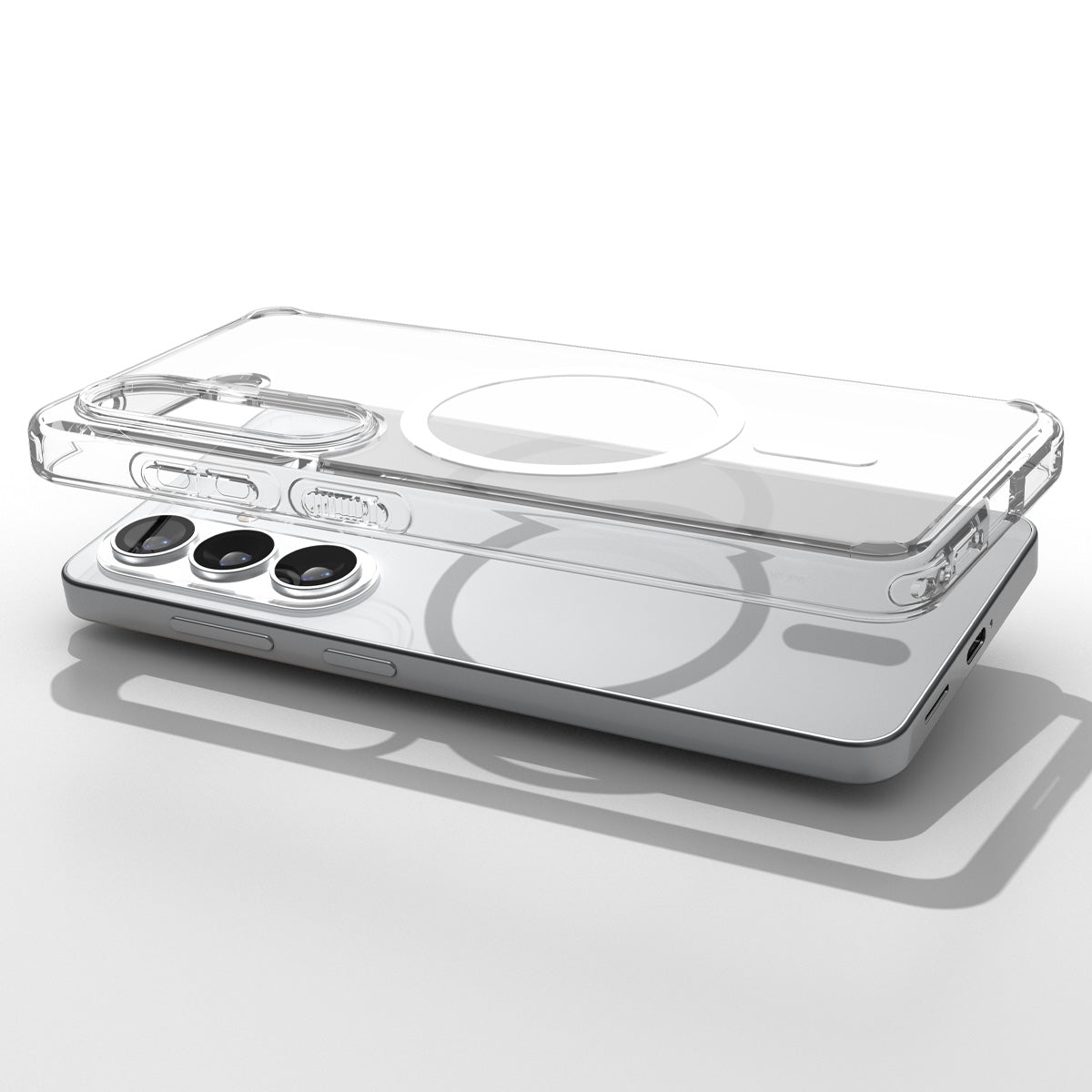 Spigen Galaxy S26 Case Ultra Hybrid (Mag Fit) Crystal Clear showing top view of phone and case showcase on top side by side