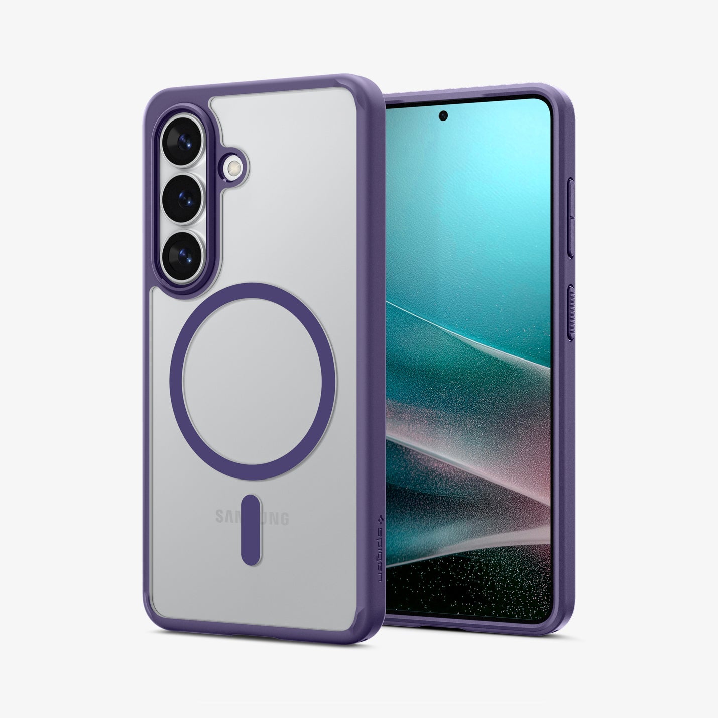 Spigen Galaxy S26 Case Ultra Hybrid (Mag Fit) Deep Purple showing the back with the device, partial back case only, partial front and sides
