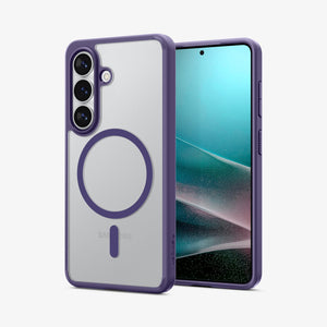 Spigen Galaxy S26 Case Ultra Hybrid (Mag Fit) Deep Purple showing the back with the device, partial back case only, partial front and sides