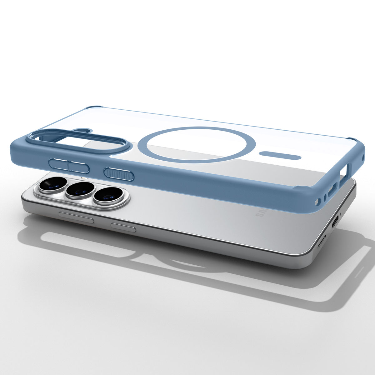 Spigen Galaxy S26 Case Ultra Hybrid (Mag Fit) Light Blue showing top view of phone and case showcase on top side by side