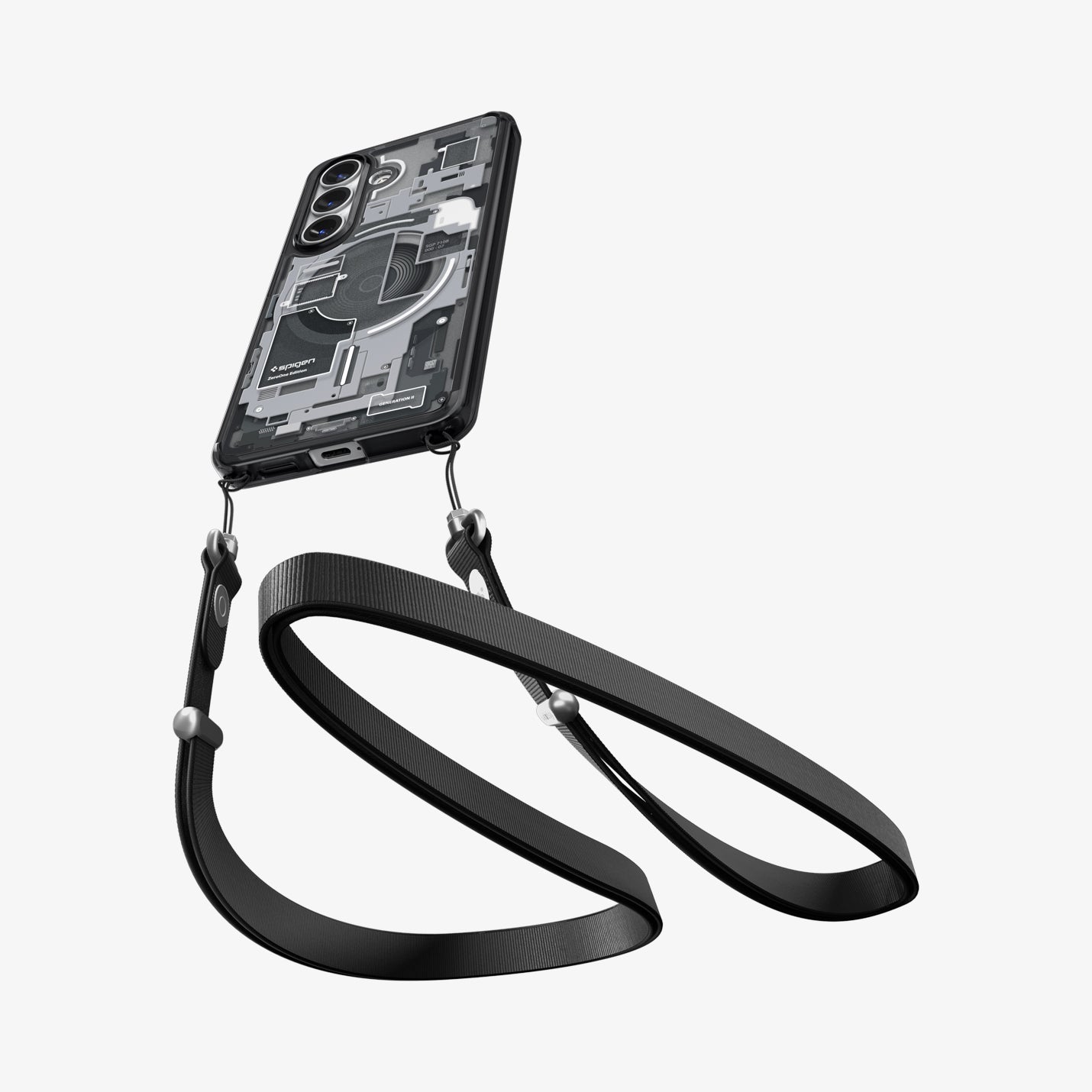 Spigen Galaxy S26 Case Ultra Hybrid Zero One (Mag Fit) Black showing device and case with double strap on bottom