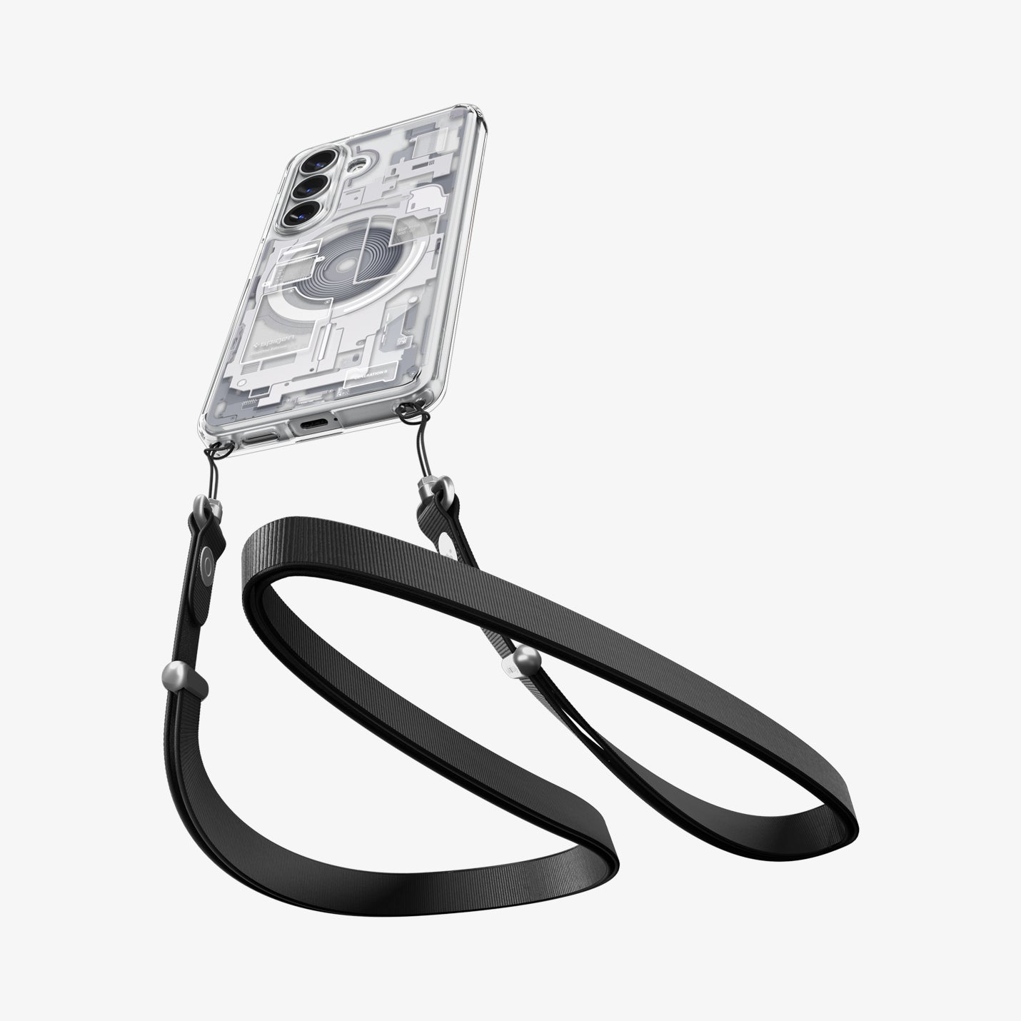 Spigen Galaxy S26 Case Ultra Hybrid Zero One (Mag Fit) White showing device and case with double strap on bottom