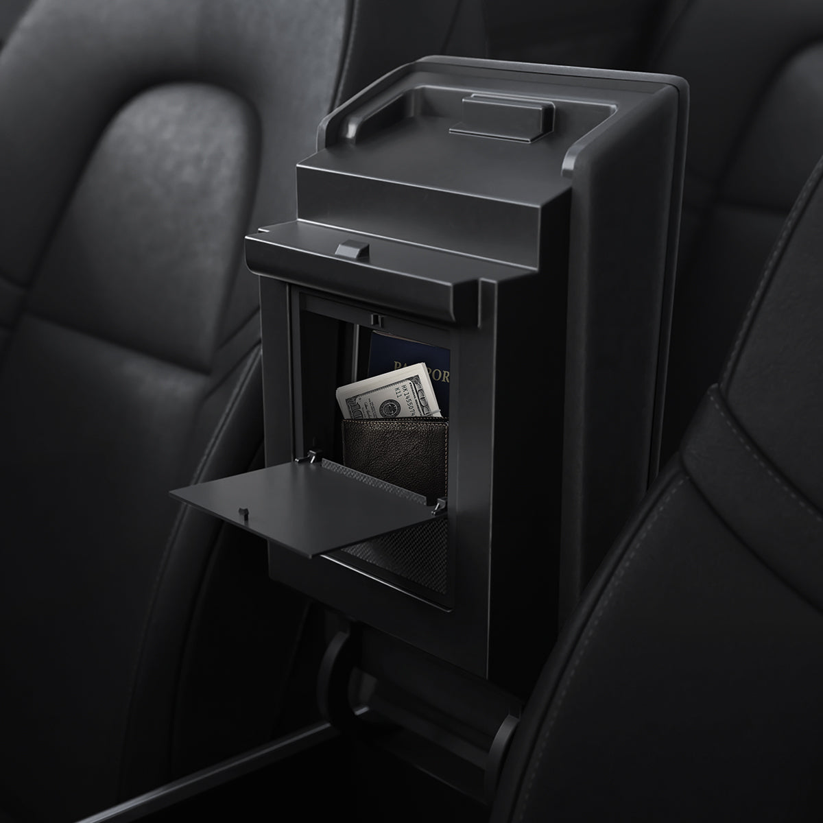 Spigen Tesla legacy center console hidden storage box open view