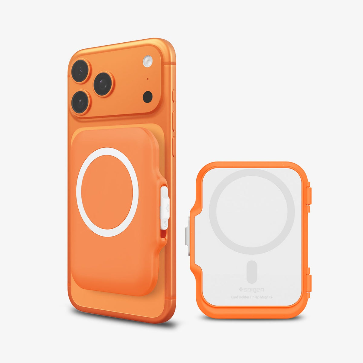 Spigen Tintap MagFit+ Orange MagSafe card holder attached and detached views