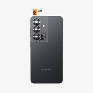 Spigen Galaxy S26 Optik EZ Fit Lens Pro Protector showing the lens protector tray with lens protector attached to the device