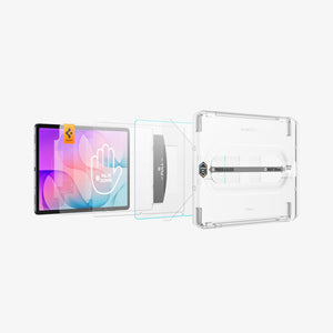 Galaxy Tab S12+ Glas.tR EZ Fit Pro showing the installation tray fitted over the tablet with guided steps for applying the screen protector.