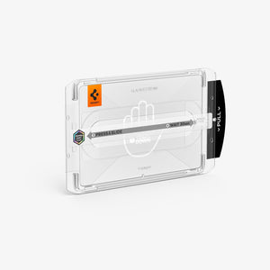 Galaxy Tab S12+ Glas.tR EZ Fit Pro showing the clear installation tray with guided press, slide, wait, and pull steps for screen protector application.