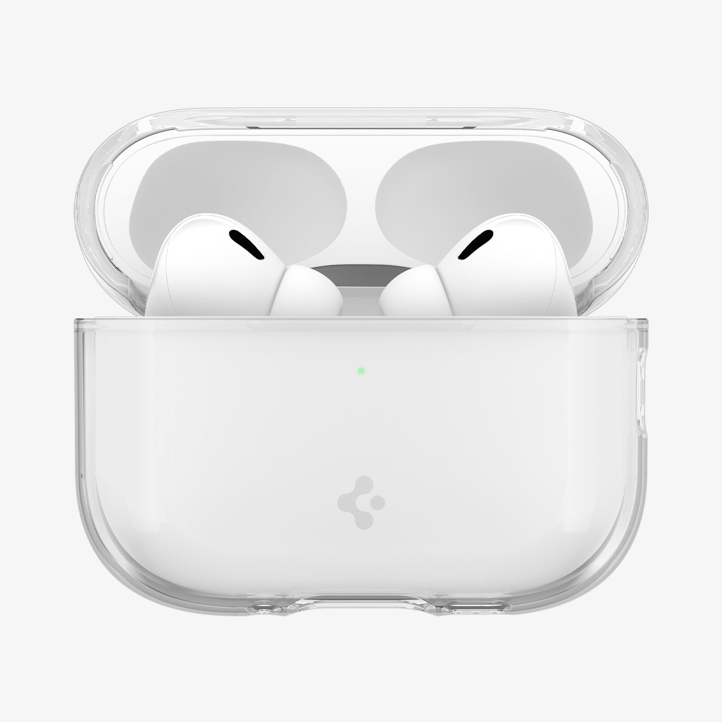 Open AirPods Pro 3 charging case inside Spigen Liquid Crystal clear case