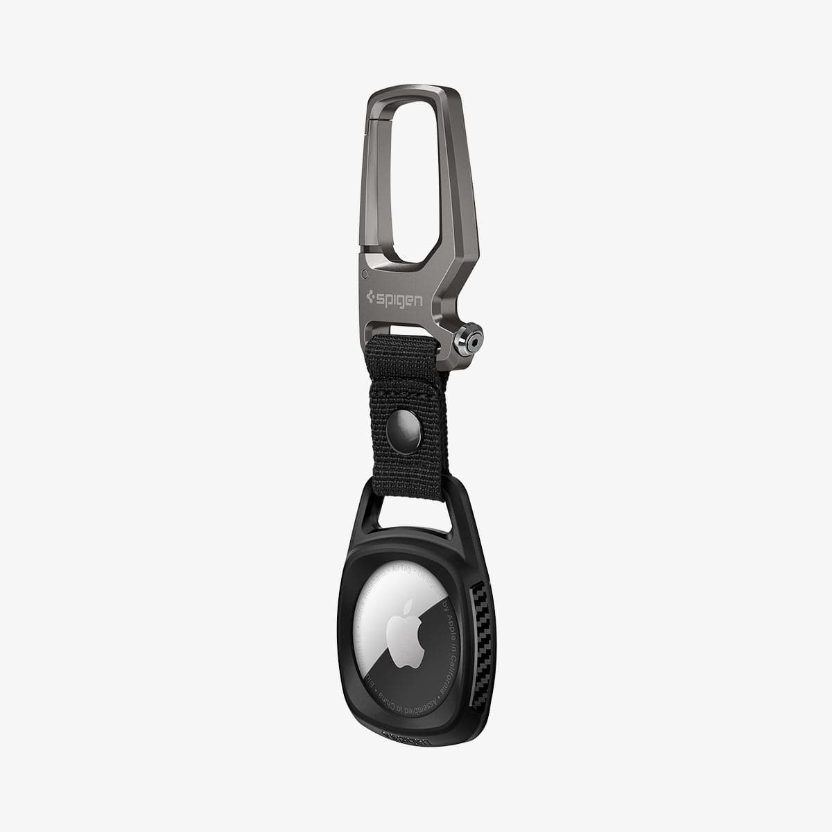 AMP01565 - AirTag Case Rugged Armor showing the front and side with carabiner opened