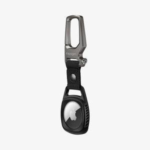 AMP01565 - AirTag Case Rugged Armor showing the front and side with carabiner opened