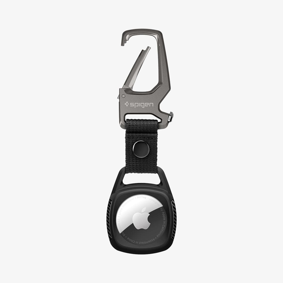 AMP01565 - AirTag Case Rugged Armor showing the front and side with carabiner opened