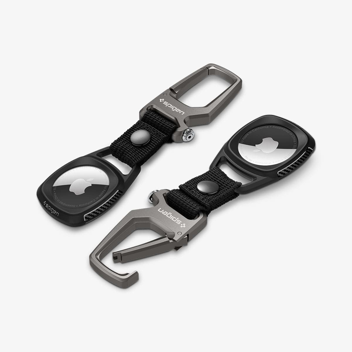 AMP01565 - AirTag Case Rugged Armor showing the front and side with carabiner opened