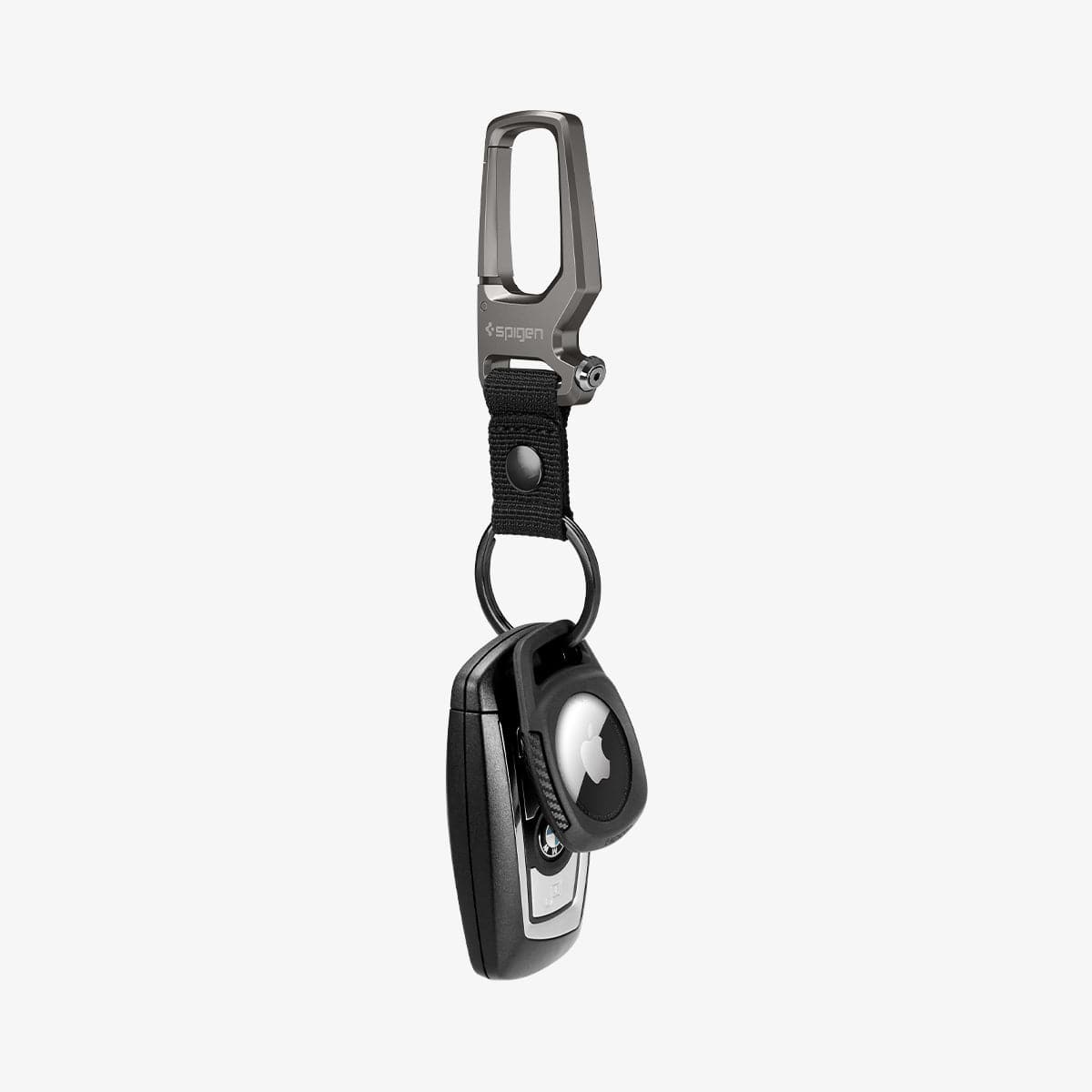 AMP01565 - AirTag Case Rugged Armor showing the front and side with carabiner opened