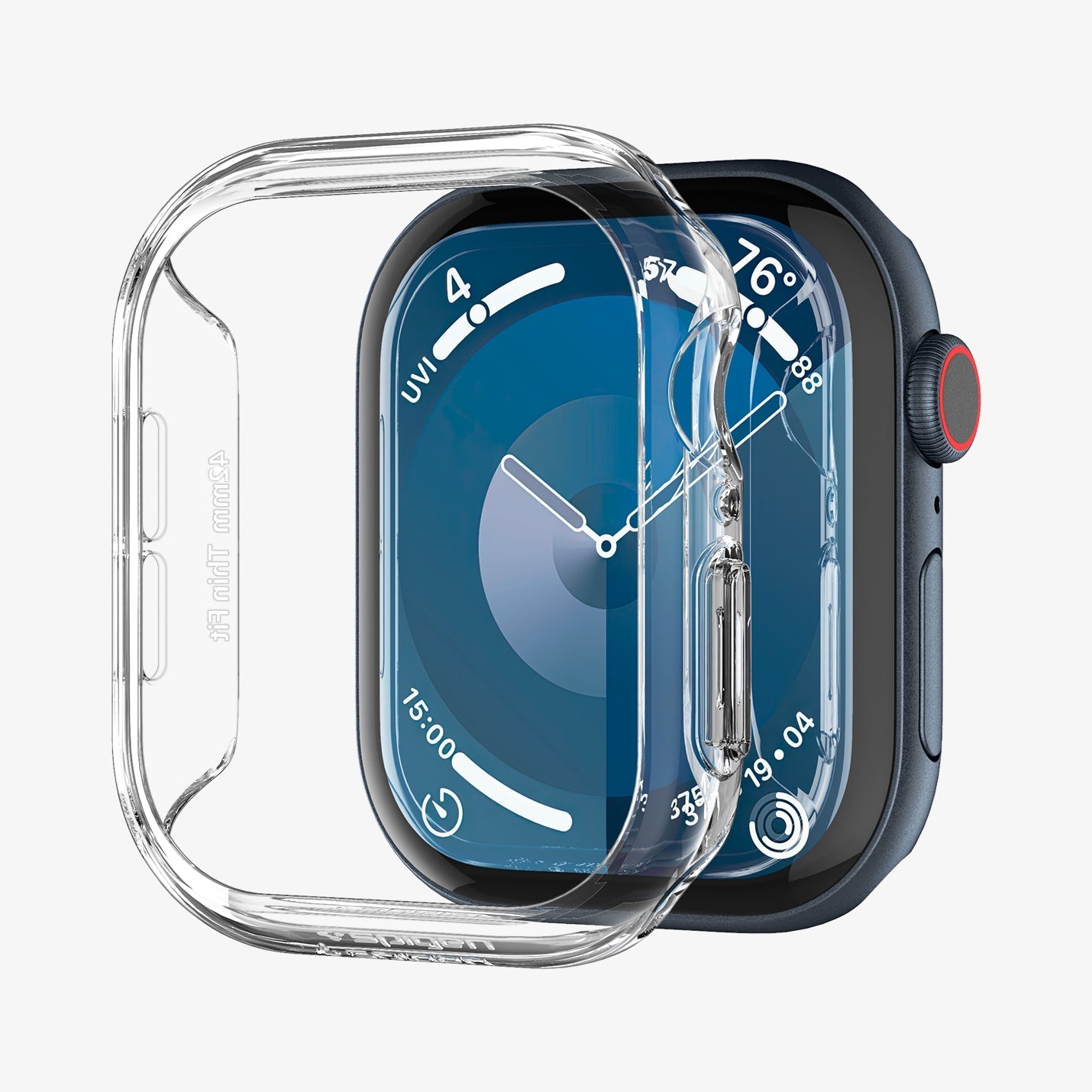ACS08589 - Apple Watch Series 11 / 10 (42mm) Case Thin Fit in Crystal Clear showing the front detached aligned in front of the apple watch face