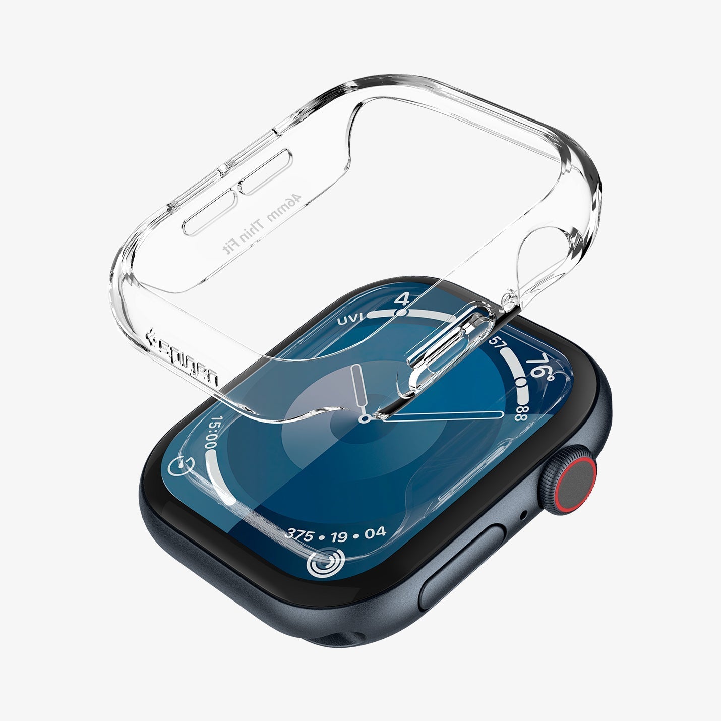 ACS08589 - Apple Watch Series 11 / 10 (42mm) Case Thin Fit in Crystal Clear showing the front detached, hovering above the apple watch 