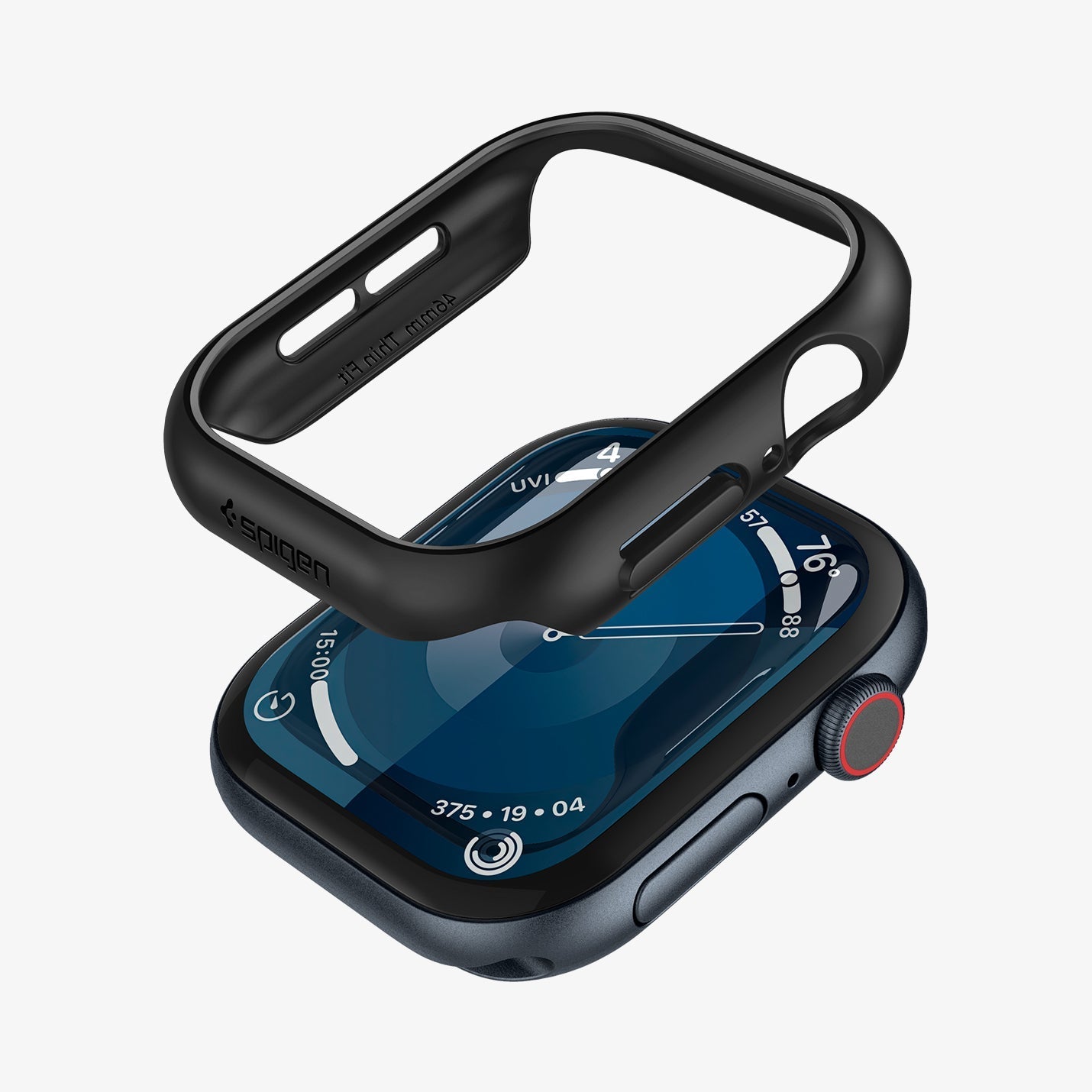 ACS08601 - Apple Watch Series 11 / 10 (46mm) Case Thin Fit in Black showing the front detached, hovering above the apple watch face