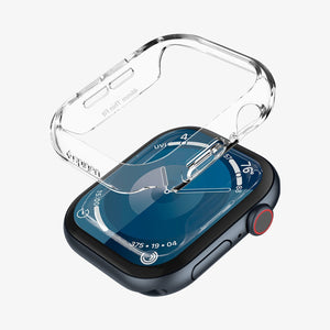 ACS08602 - Apple Watch Series 11 / 10 (46mm) Case Thin Fit in Crystal Clear showing the front detached, hovering above the apple watch face
