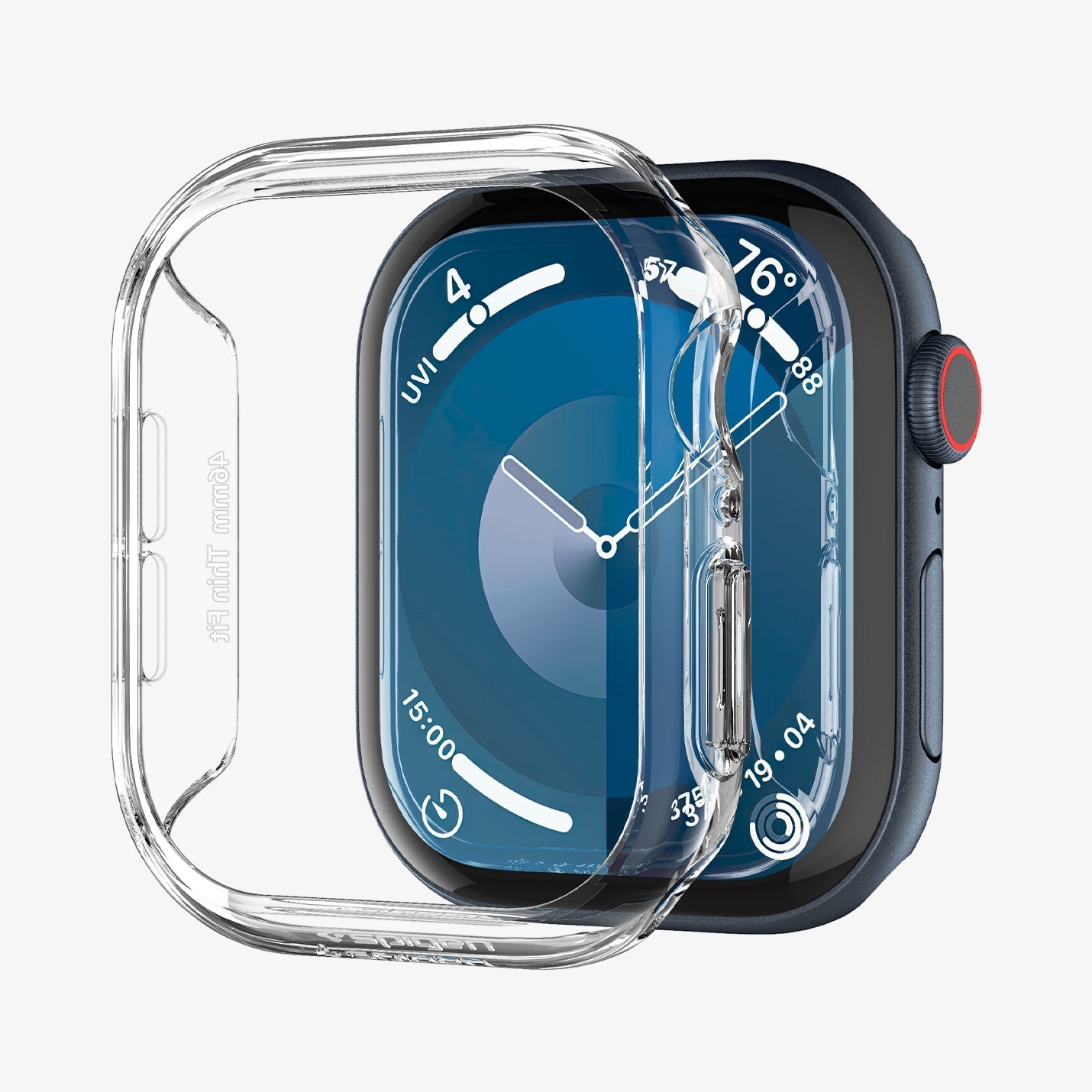 ACS08602 - Apple Watch Series 11 / 10 (46mm) Case Thin Fit in Crystal Clear showing the front detached aligned in front of the apple watch face